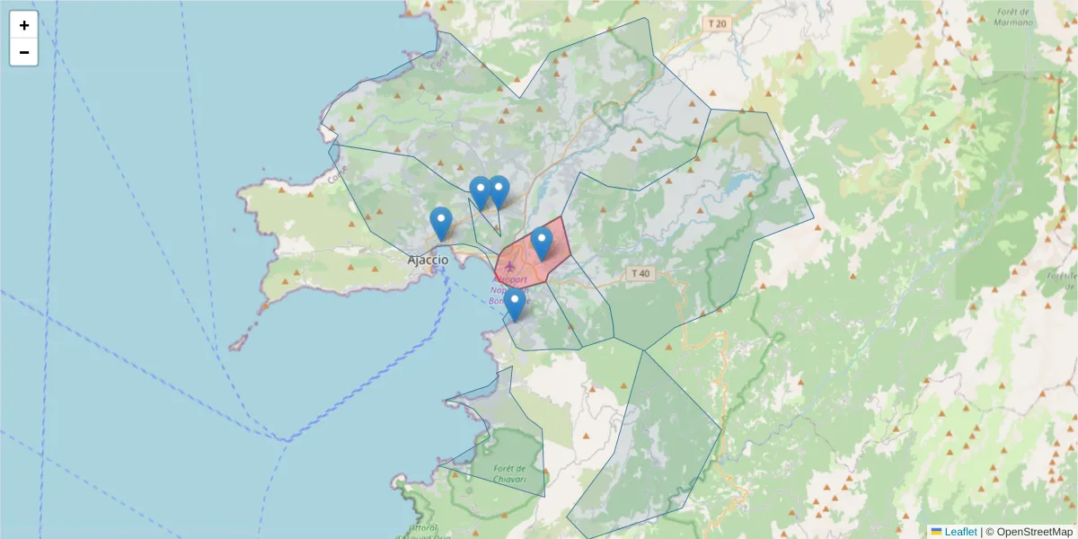 Carte de la zone du code postal  et des codes postaux voisins en France