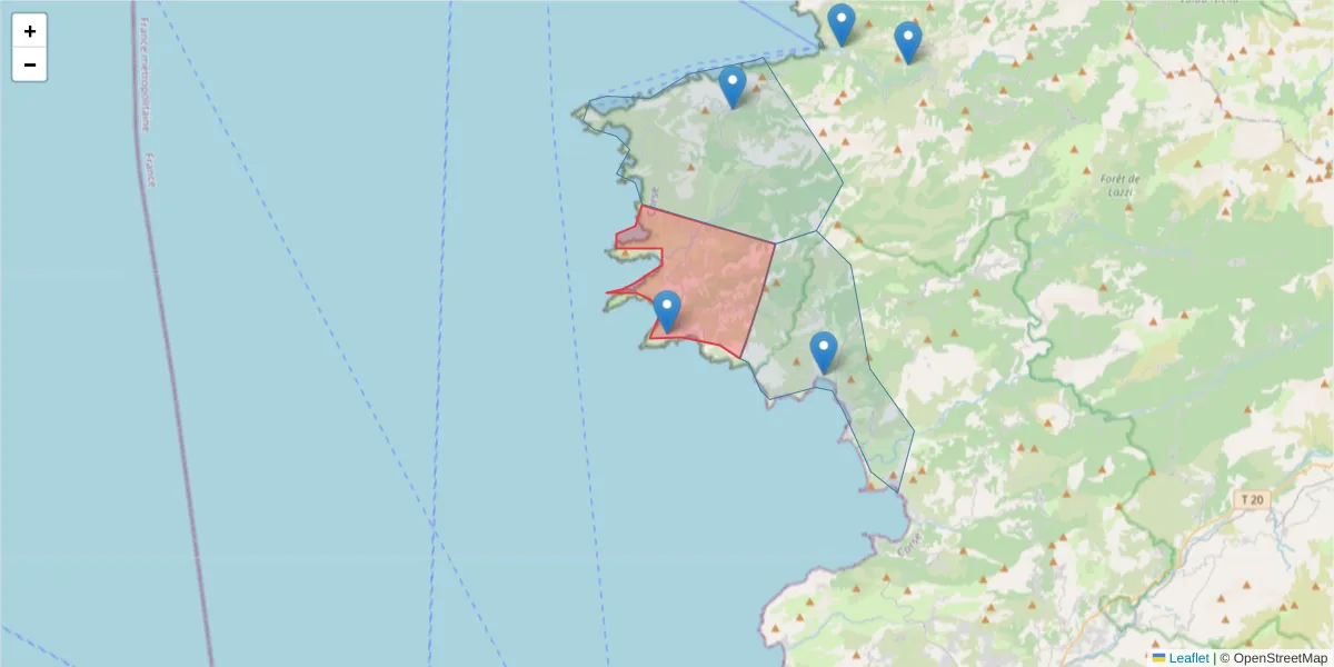 Carte de la zone du code postal  et des codes postaux voisins en France