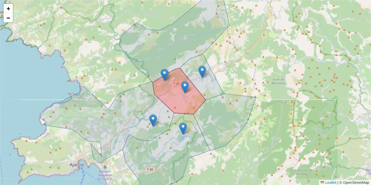 Carte de la zone du code postal  et des codes postaux voisins en France