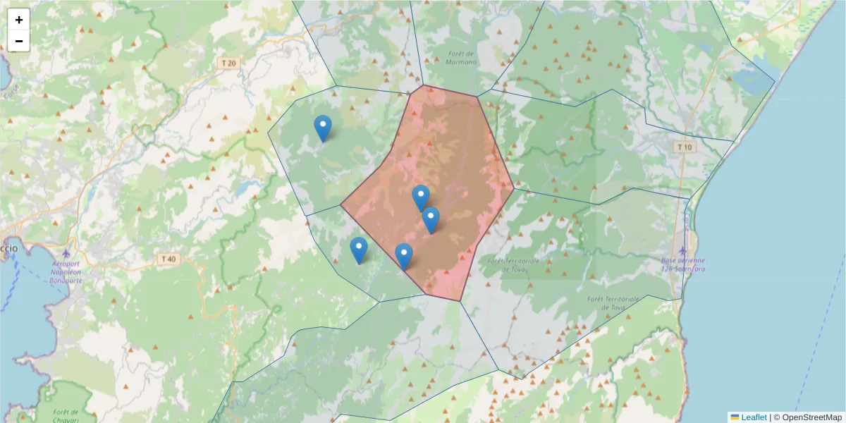 Carte de la zone du code postal  et des codes postaux voisins en France