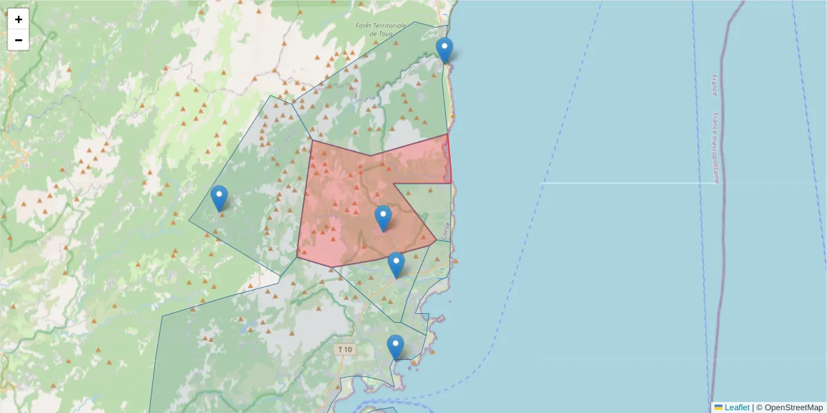 Carte de la zone du code postal  et des codes postaux voisins en France