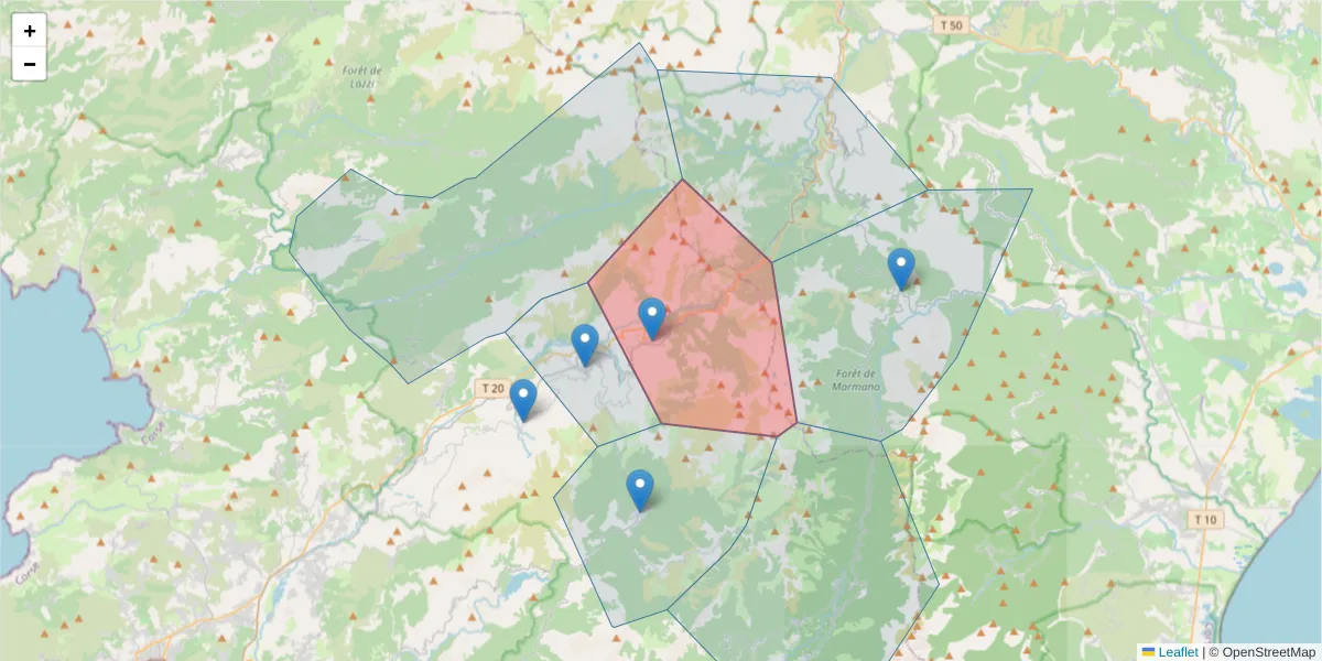 Carte de la zone du code postal  et des codes postaux voisins en France