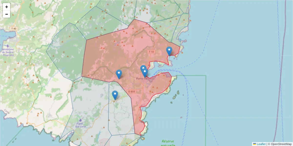 Carte de la zone du code postal  et des codes postaux voisins en France