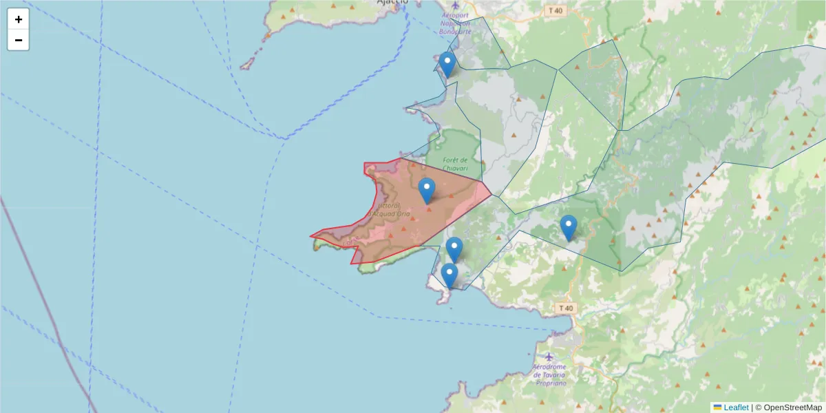 Carte de la zone du code postal  et des codes postaux voisins en France