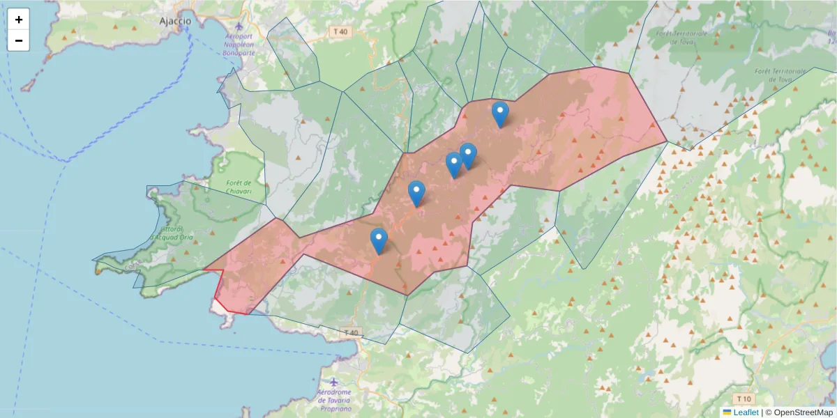 Carte de la zone du code postal  et des codes postaux voisins en France