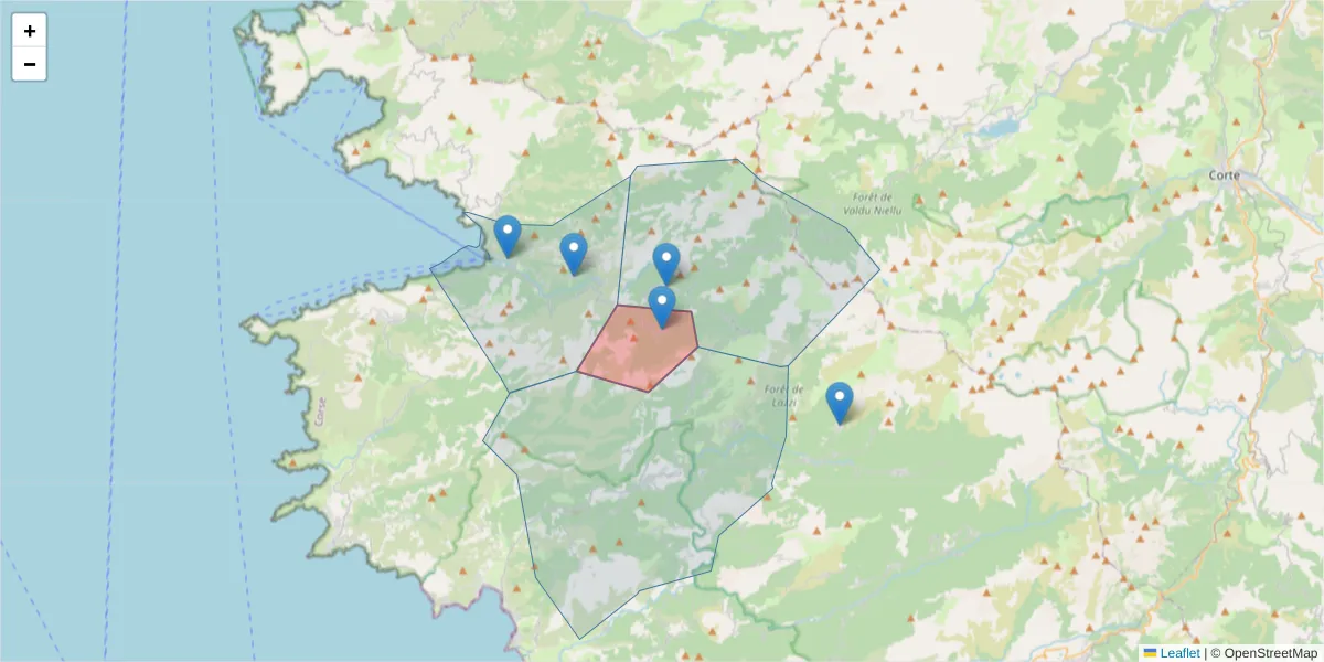 Carte de la zone du code postal  et des codes postaux voisins en France
