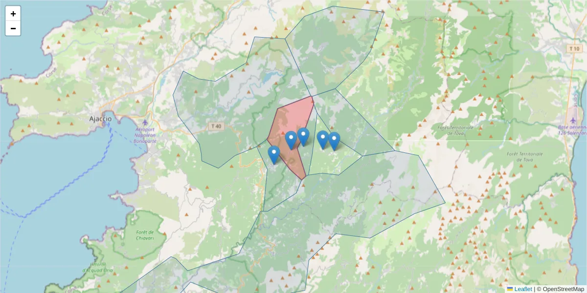 Carte de la zone du code postal  et des codes postaux voisins en France