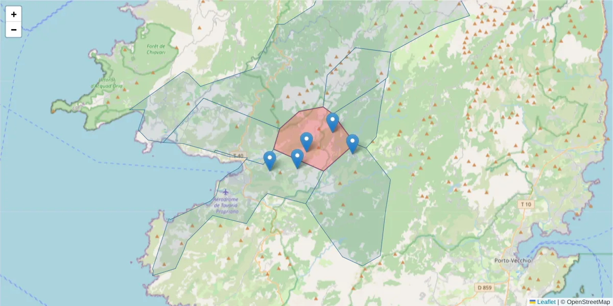 Carte de la zone du code postal  et des codes postaux voisins en France