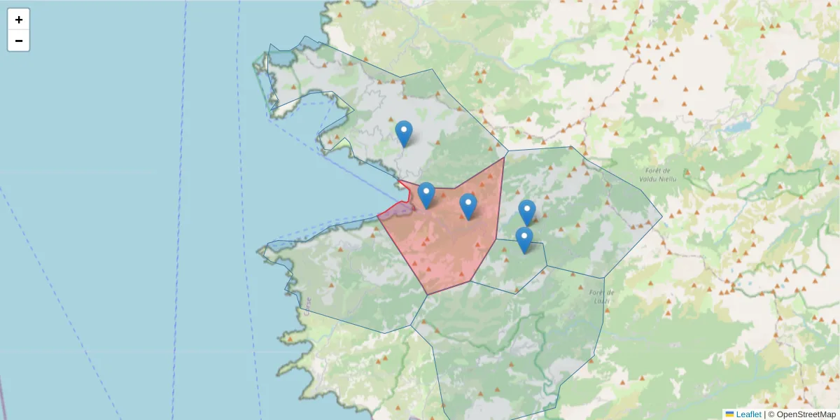 Carte de la zone du code postal  et des codes postaux voisins en France