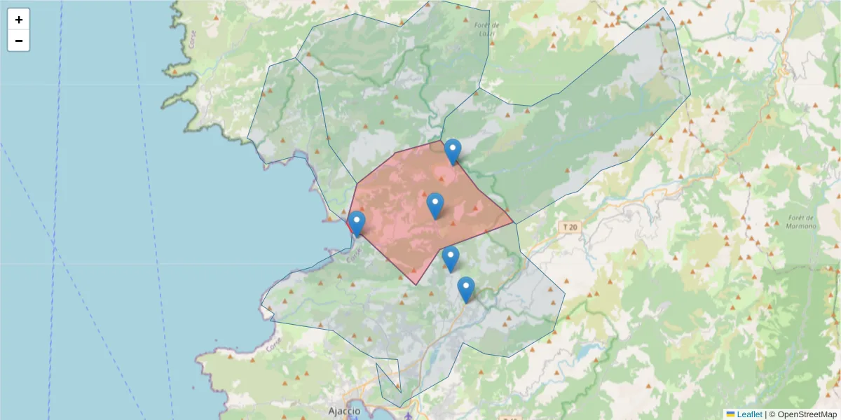 Carte de la zone du code postal  et des codes postaux voisins en France