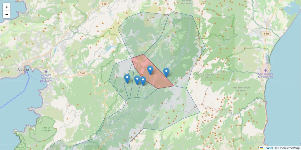 Carte de la zone du code postal  et des codes postaux voisins en France