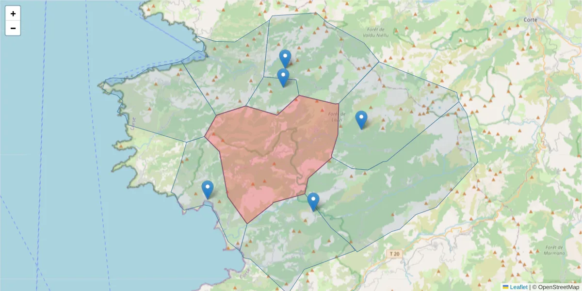 Carte de la zone du code postal  et des codes postaux voisins en France