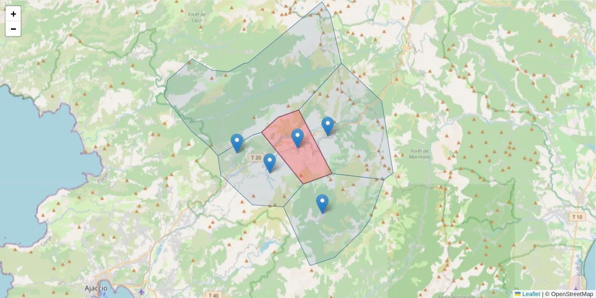 Carte de la zone du code postal  et des codes postaux voisins en France