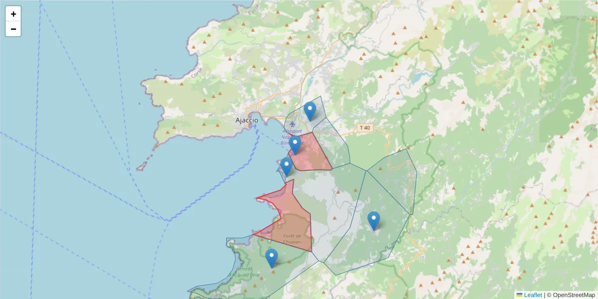 Carte de la zone du code postal  et des codes postaux voisins en France