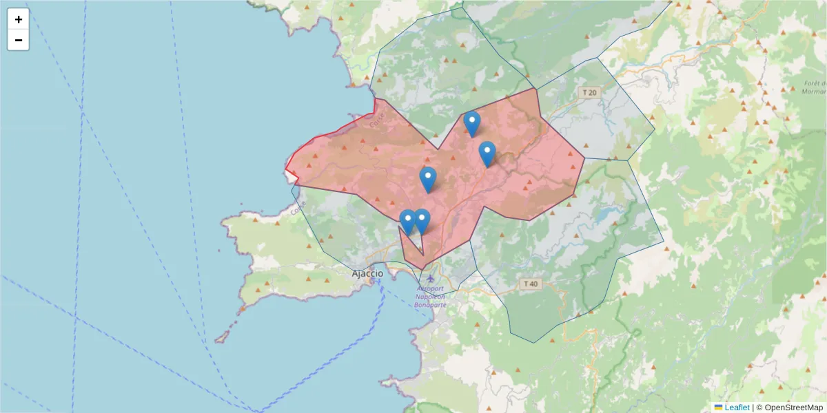 Carte de la zone du code postal  et des codes postaux voisins en France