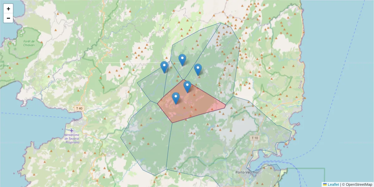 Carte de la zone du code postal  et des codes postaux voisins en France