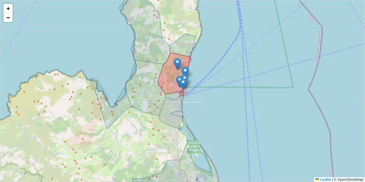 Carte de la zone du code postal  et des codes postaux voisins en France