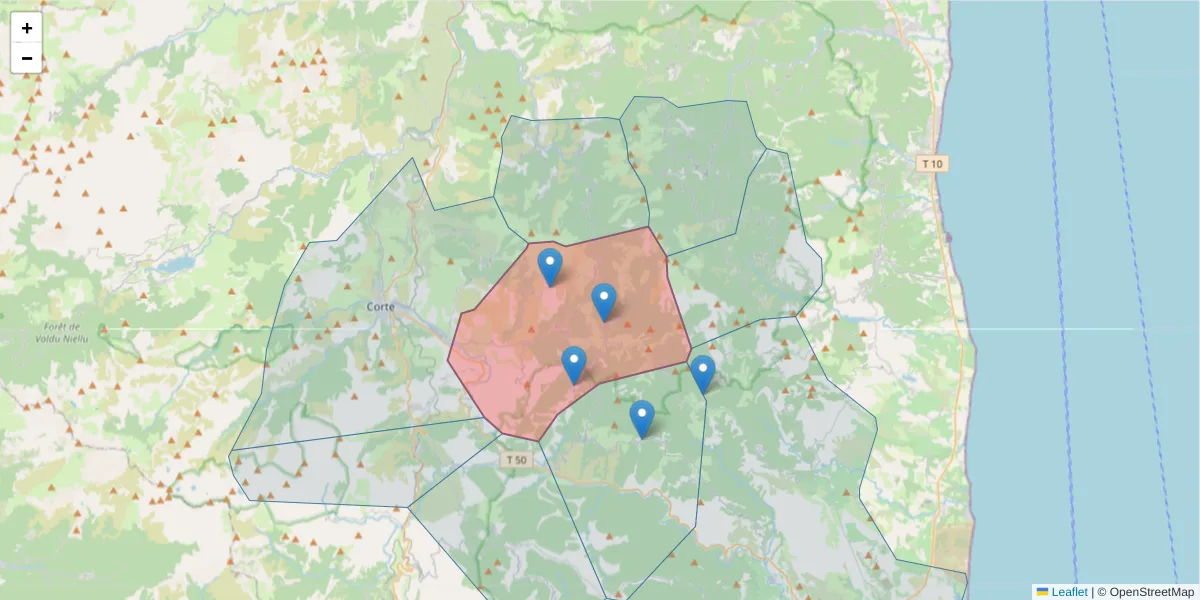 Carte de la zone du code postal  et des codes postaux voisins en France