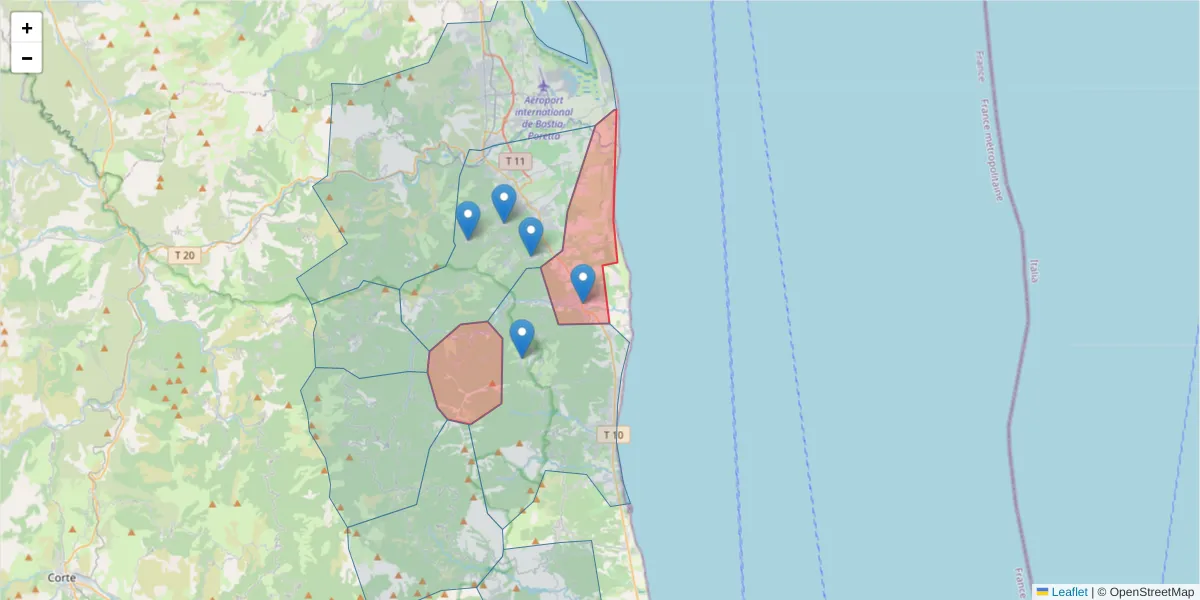 Carte de la zone du code postal  et des codes postaux voisins en France