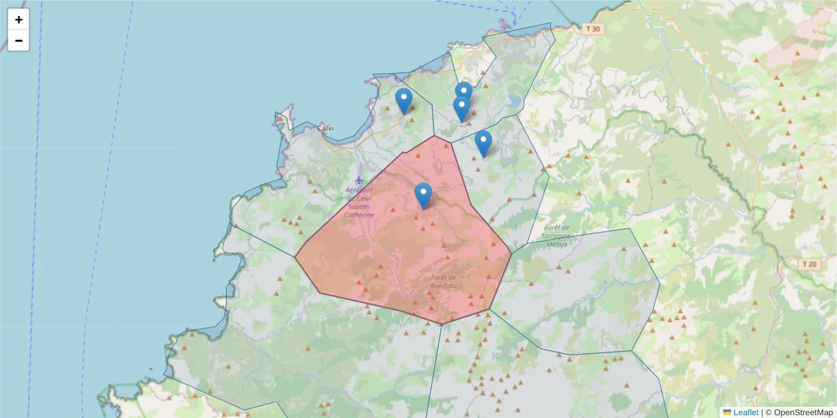 Carte de la zone du code postal  et des codes postaux voisins en France