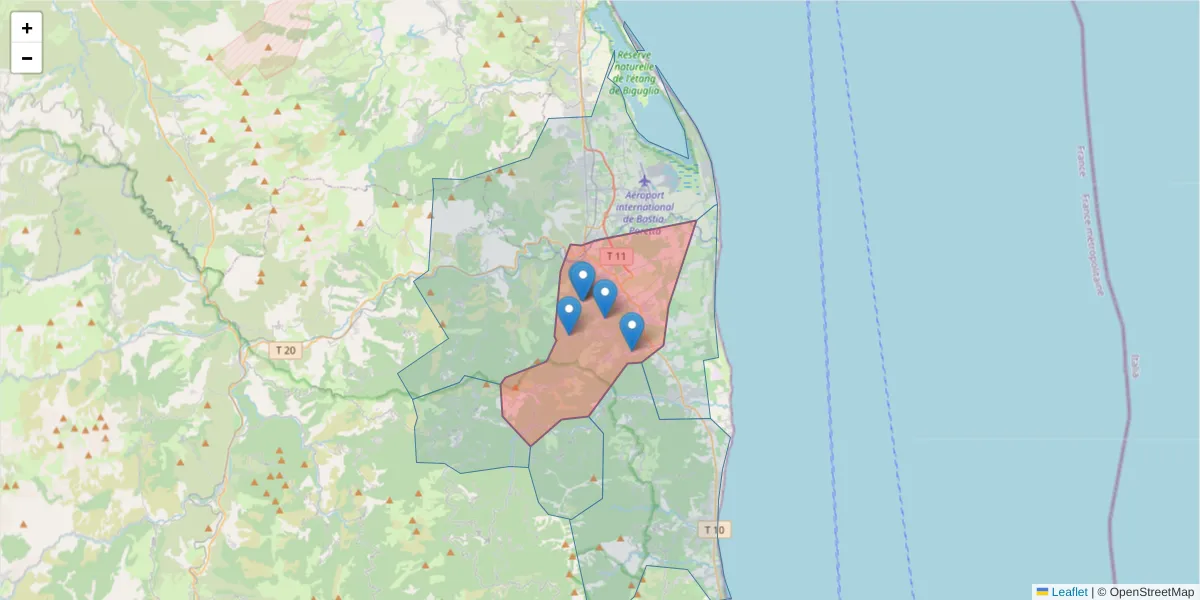 Carte de la zone du code postal  et des codes postaux voisins en France