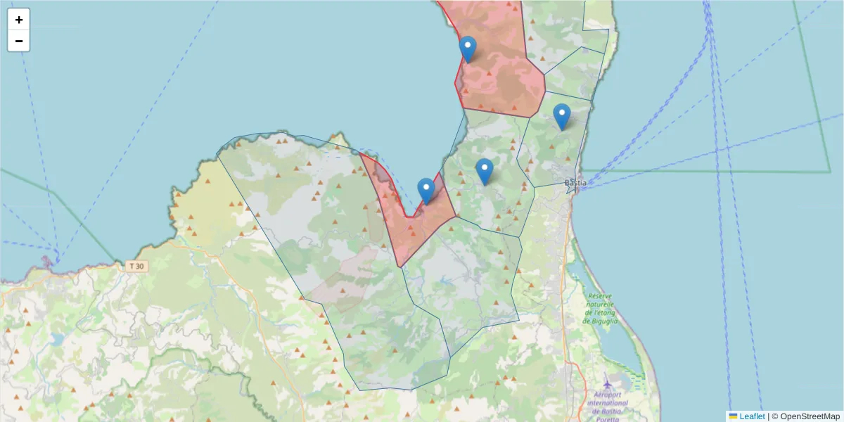 Carte de la zone du code postal  et des codes postaux voisins en France