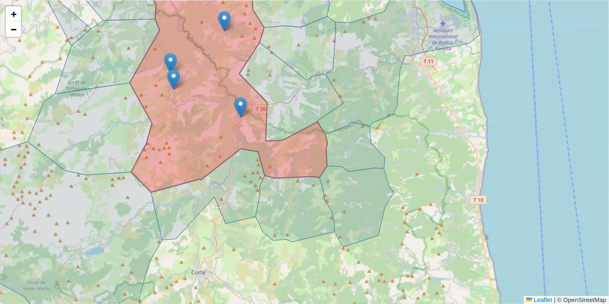 Carte de la zone du code postal  et des codes postaux voisins en France