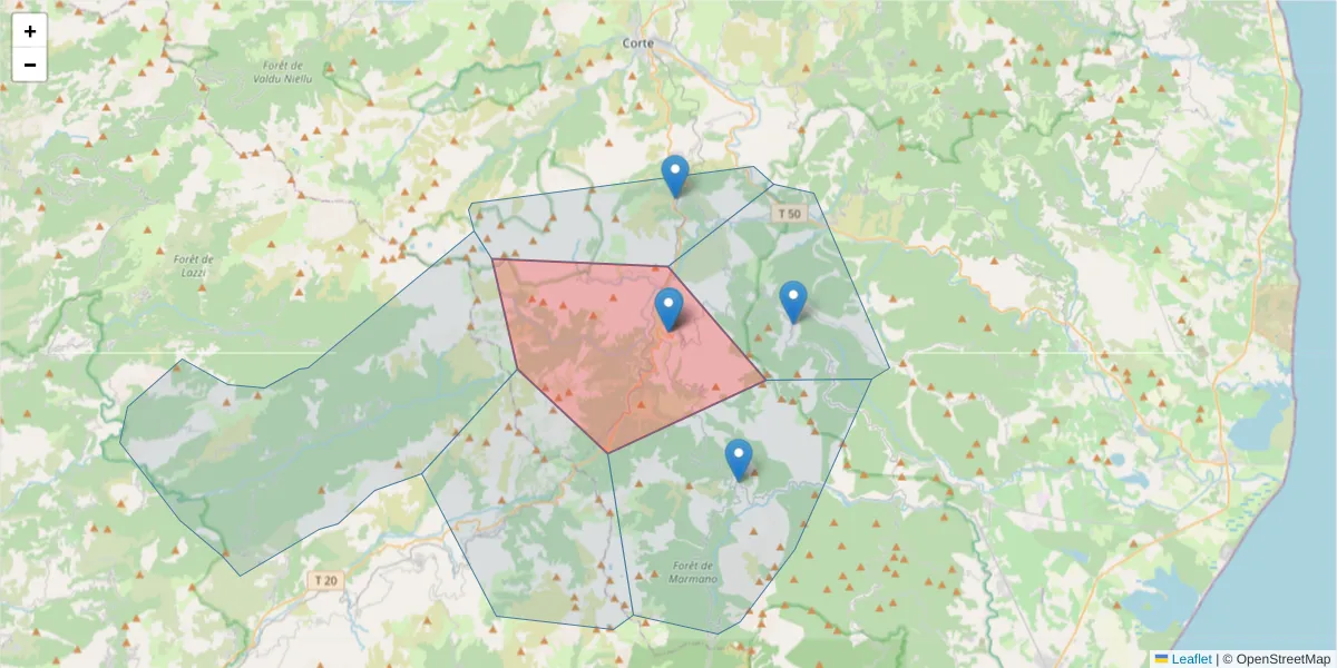 Carte de la zone du code postal  et des codes postaux voisins en France