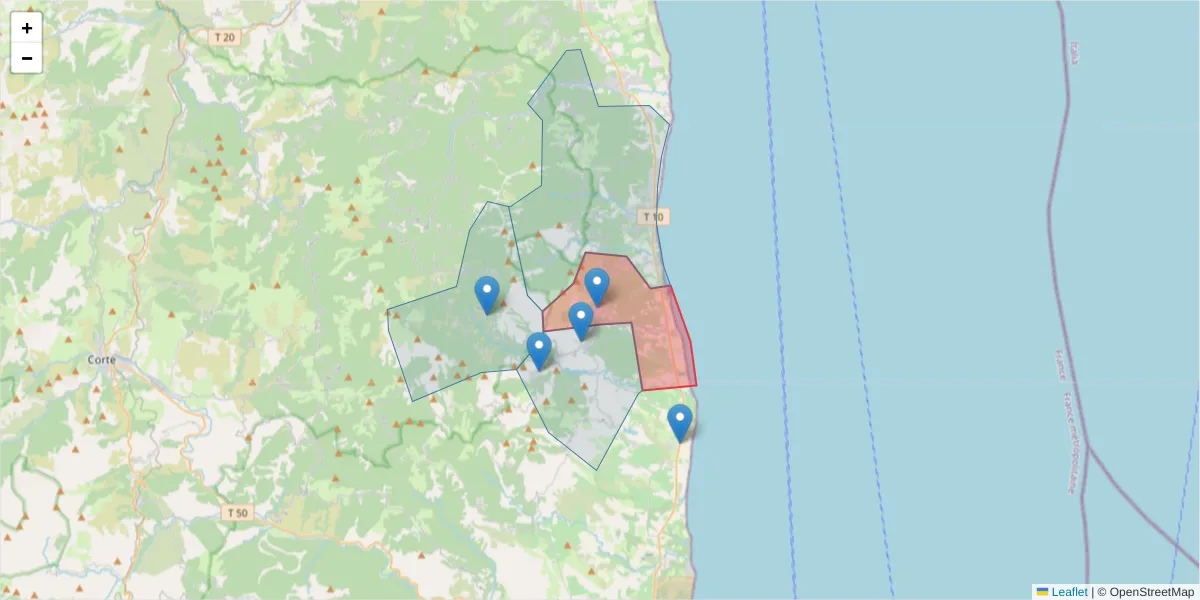 Carte de la zone du code postal  et des codes postaux voisins en France
