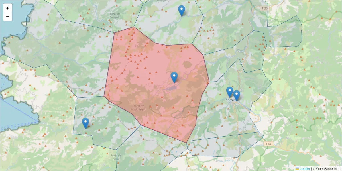 Carte de la zone du code postal  et des codes postaux voisins en France