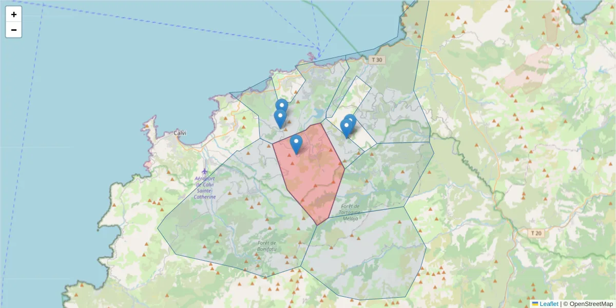 Carte de la zone du code postal  et des codes postaux voisins en France