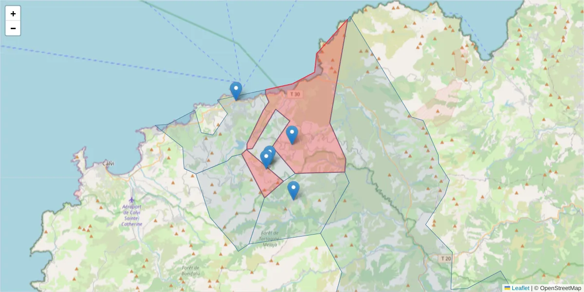 Carte de la zone du code postal  et des codes postaux voisins en France