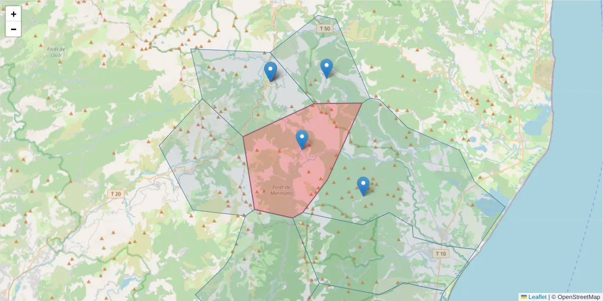 Carte de la zone du code postal  et des codes postaux voisins en France