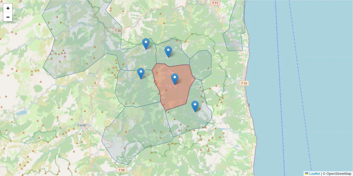Carte de la zone du code postal  et des codes postaux voisins en France
