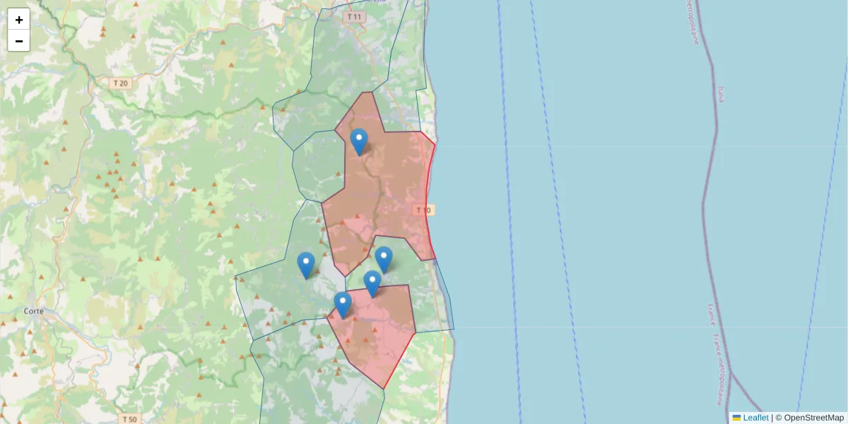 Carte de la zone du code postal  et des codes postaux voisins en France
