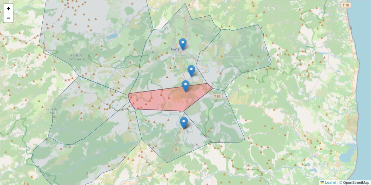 Carte de la zone du code postal  et des codes postaux voisins en France