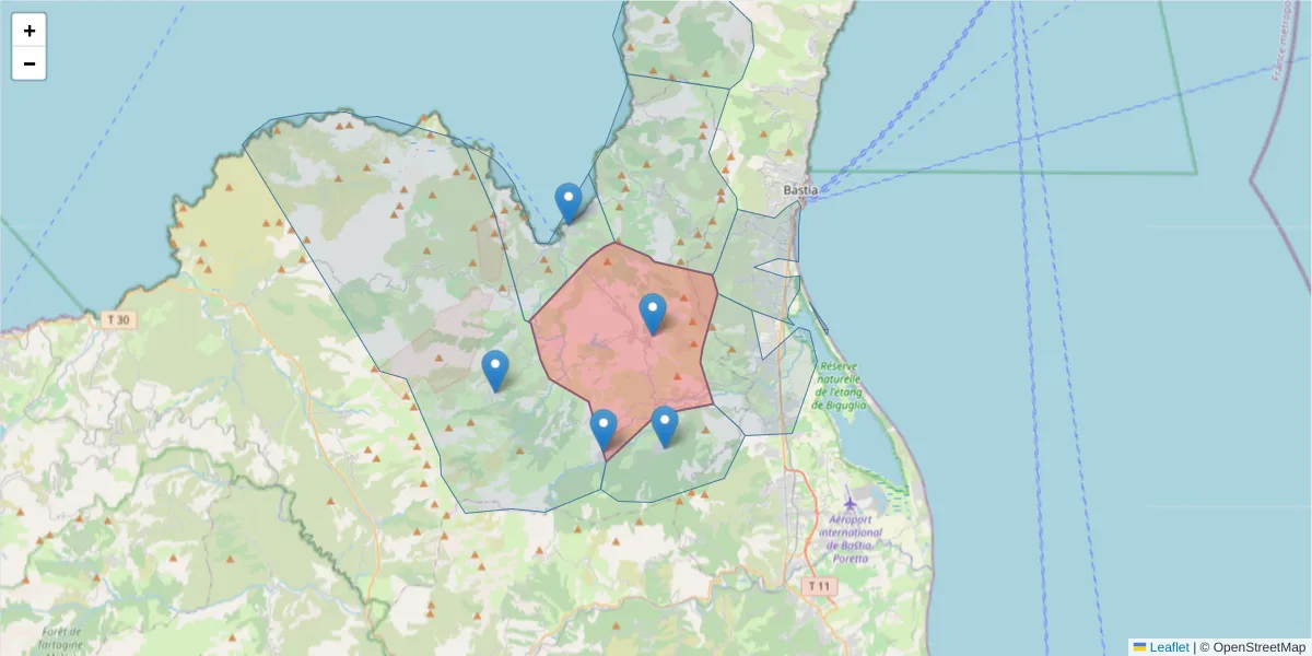 Carte de la zone du code postal  et des codes postaux voisins en France
