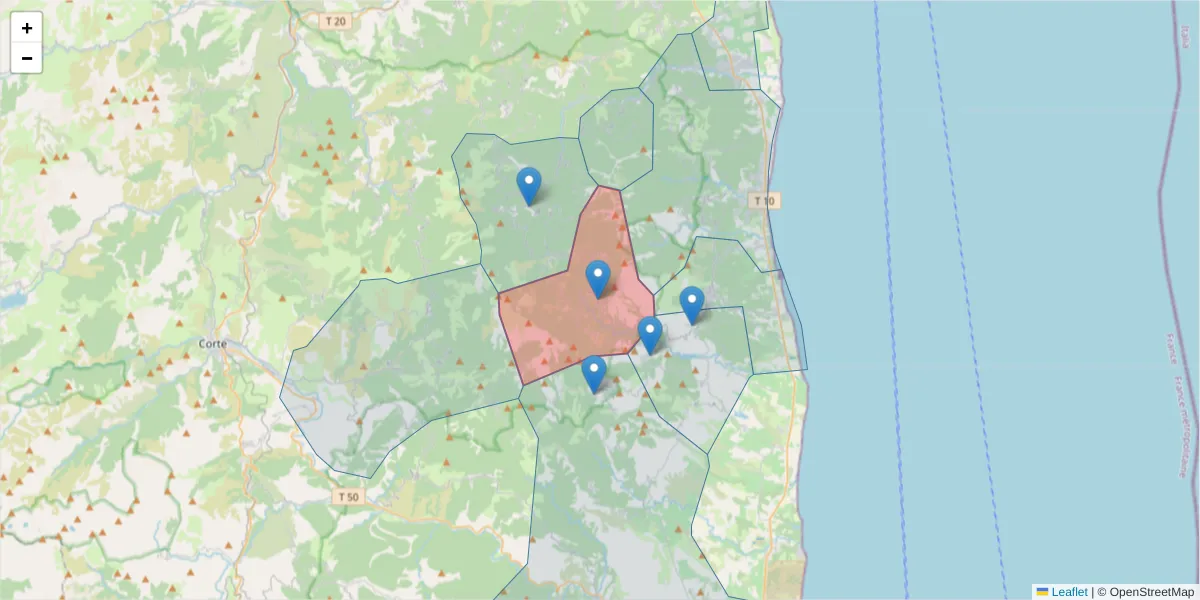 Carte de la zone du code postal  et des codes postaux voisins en France
