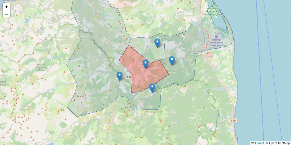 Carte de la zone du code postal  et des codes postaux voisins en France