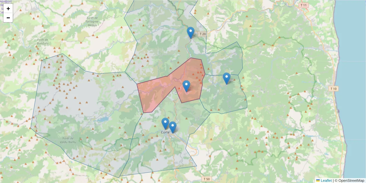 Carte de la zone du code postal  et des codes postaux voisins en France