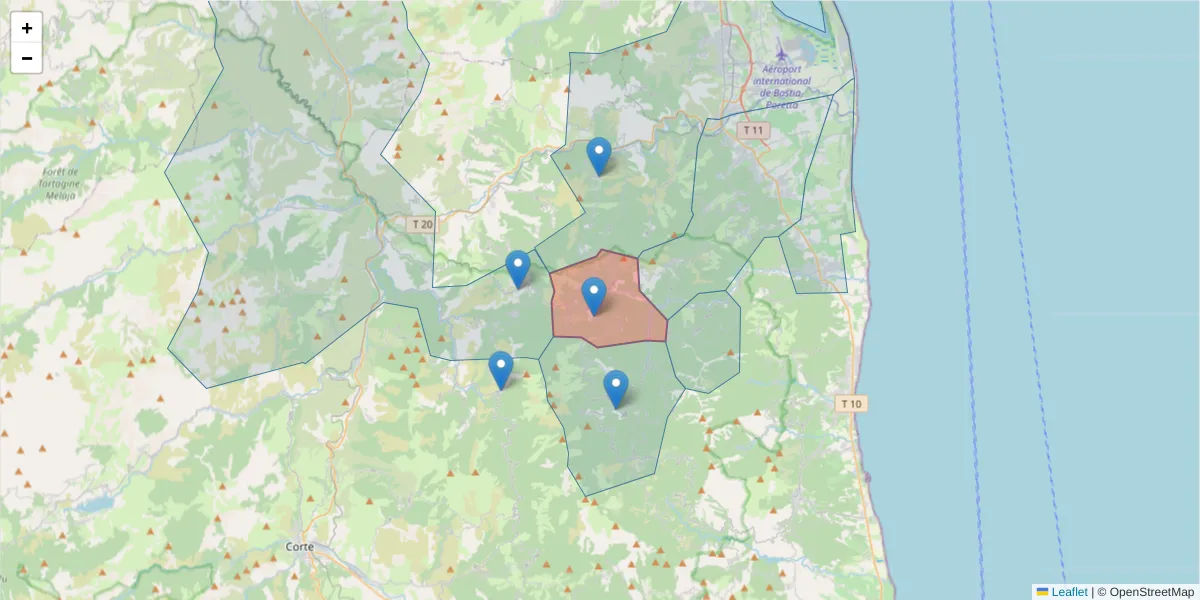 Carte de la zone du code postal  et des codes postaux voisins en France