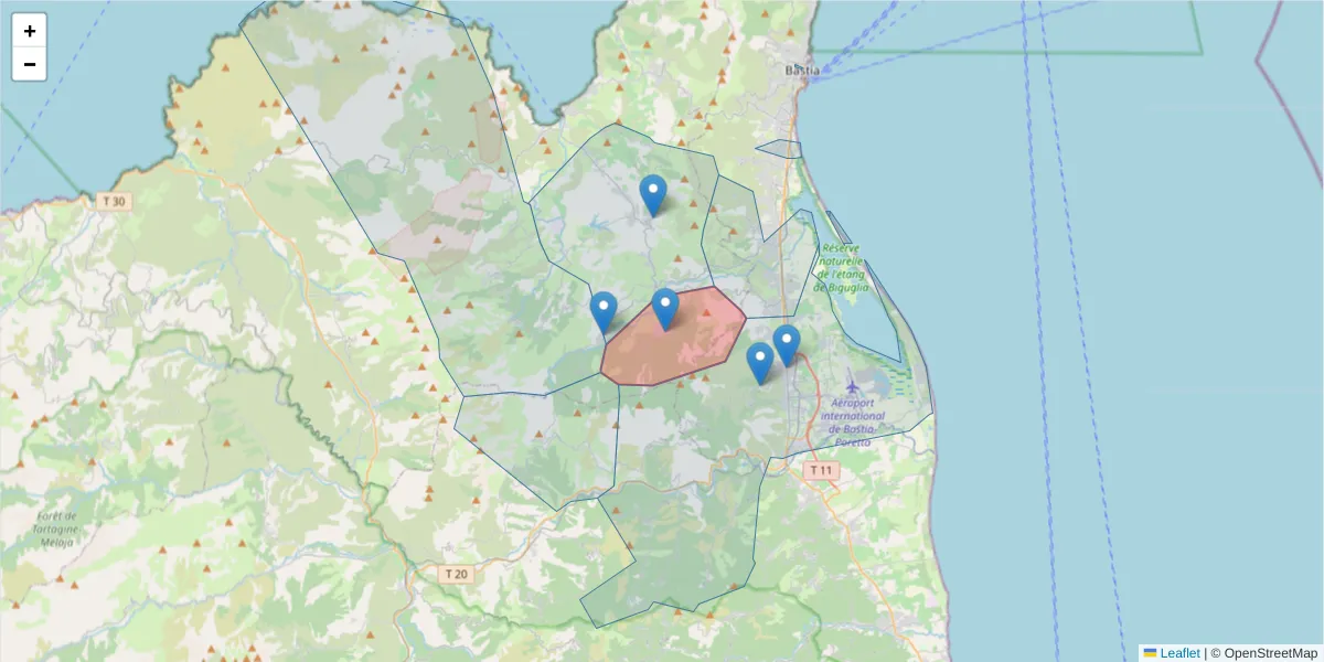 Carte de la zone du code postal  et des codes postaux voisins en France