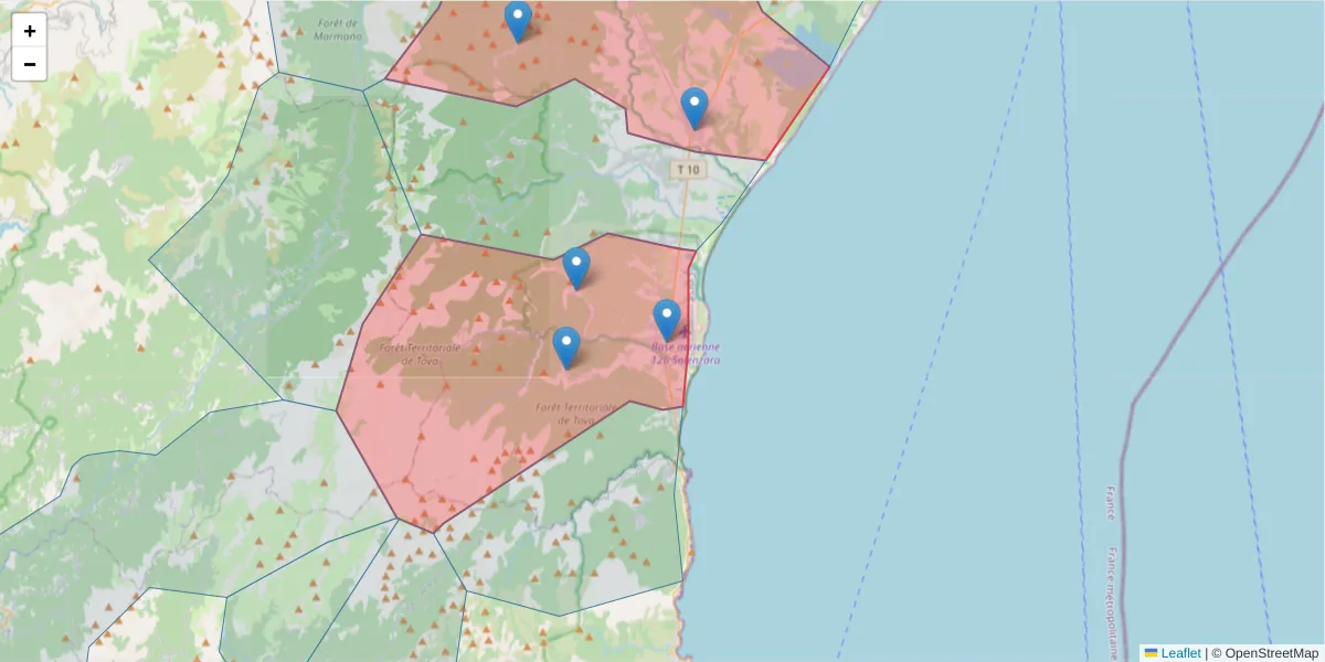 Carte de la zone du code postal  et des codes postaux voisins en France