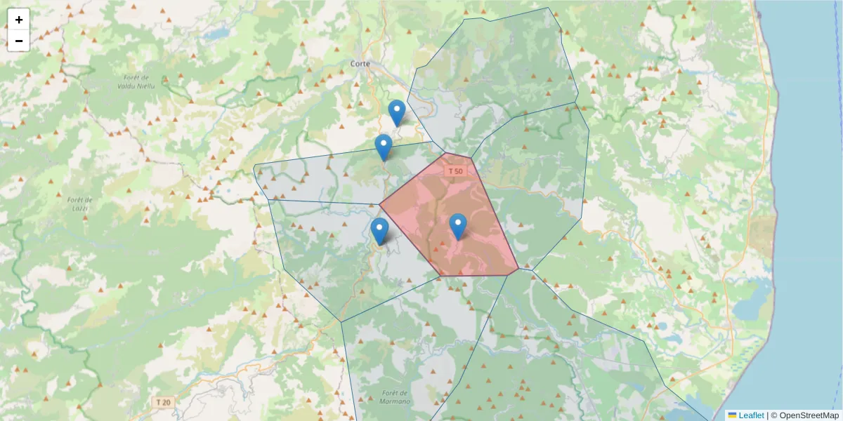 Carte de la zone du code postal  et des codes postaux voisins en France