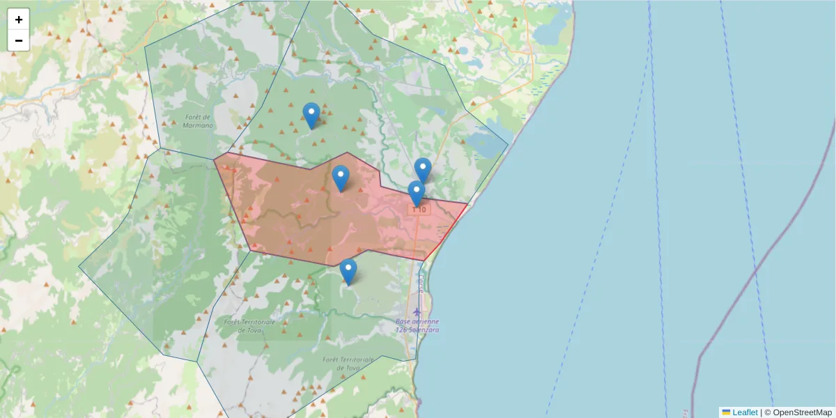 Carte de la zone du code postal  et des codes postaux voisins en France
