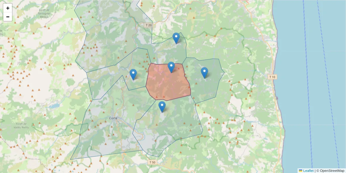 Carte de la zone du code postal  et des codes postaux voisins en France