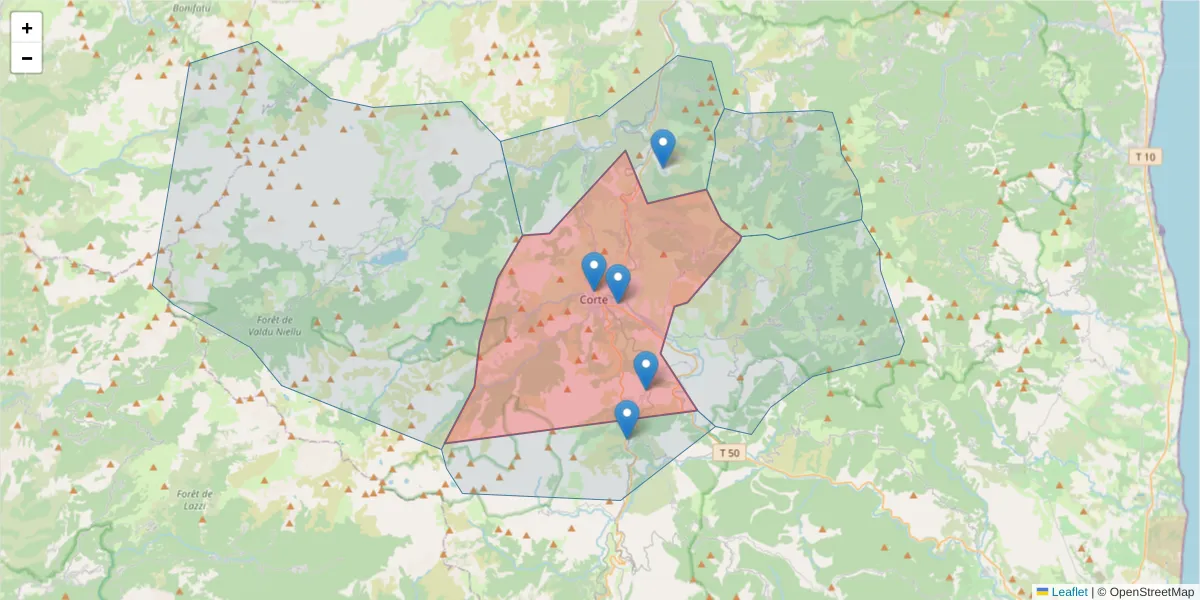 Carte de la zone du code postal  et des codes postaux voisins en France