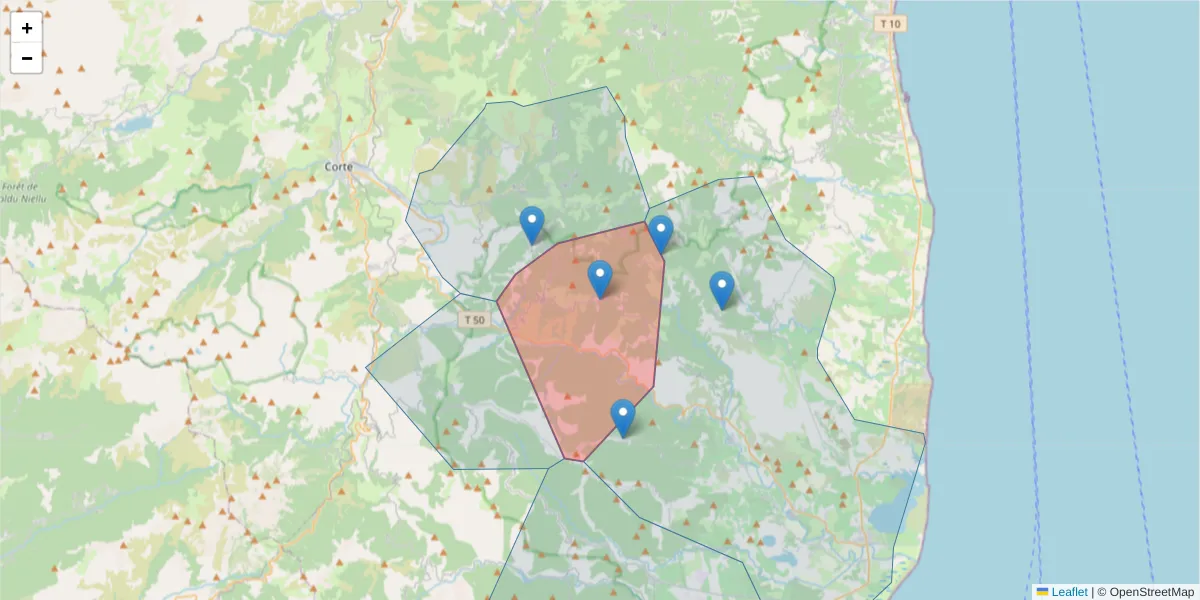 Carte de la zone du code postal  et des codes postaux voisins en France