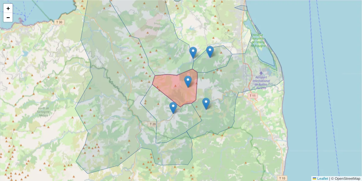 Carte de la zone du code postal  et des codes postaux voisins en France