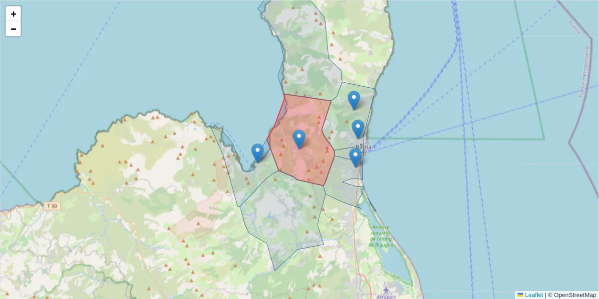 Carte de la zone du code postal  et des codes postaux voisins en France